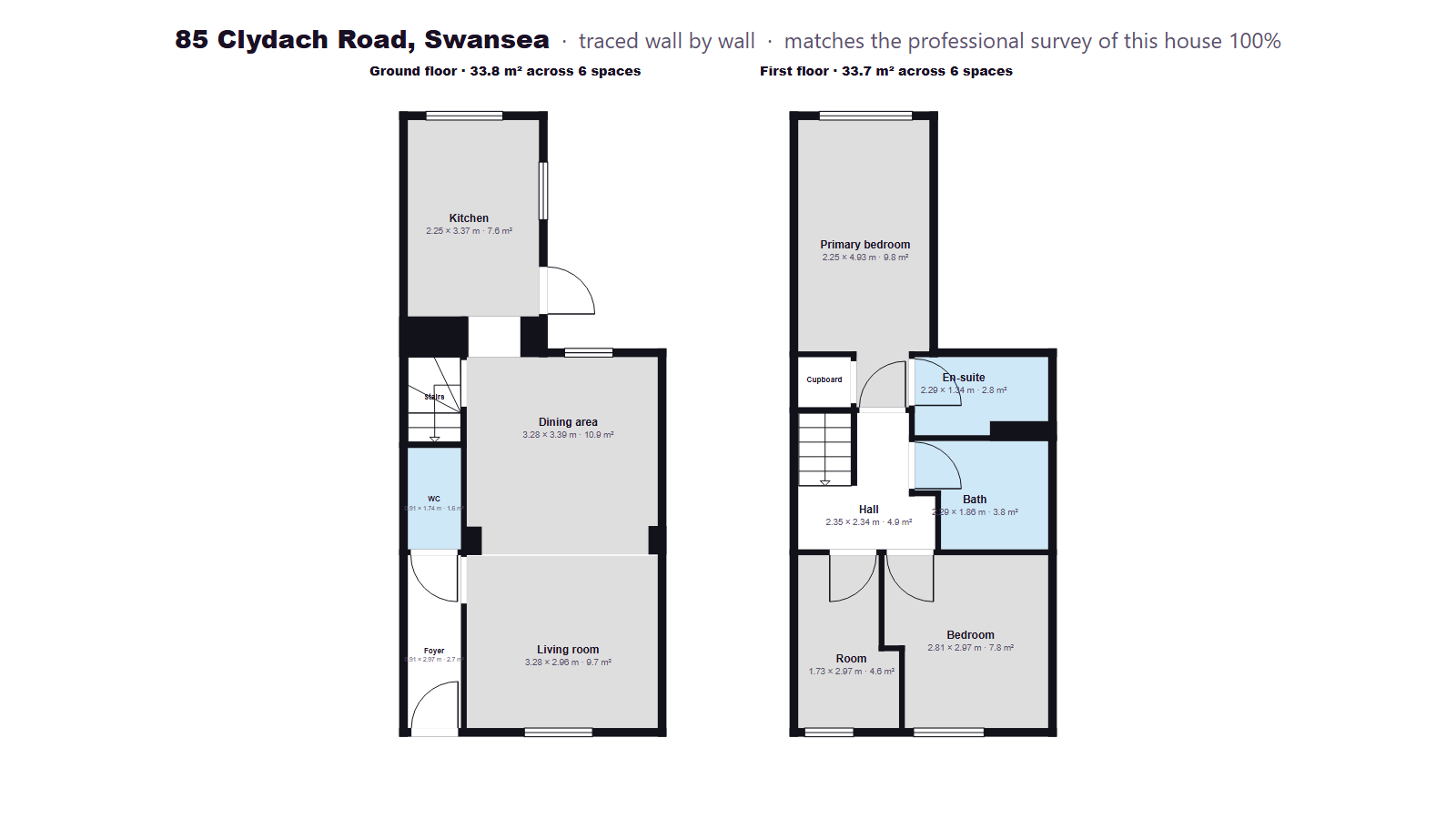 Floor plan of 85 Clydach Road: ground and first floor, traced wall by wall, matching the professional survey